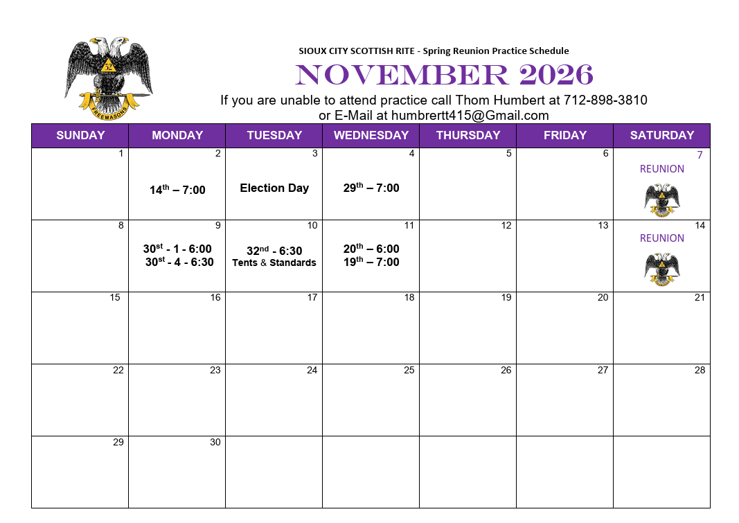 2026 Fall Reunion Practice Schedule