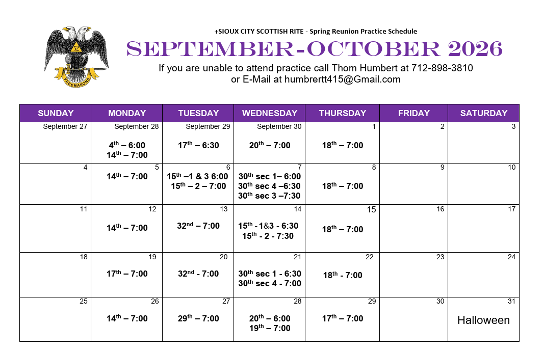 2026 Fall Reunion Practice Schedule